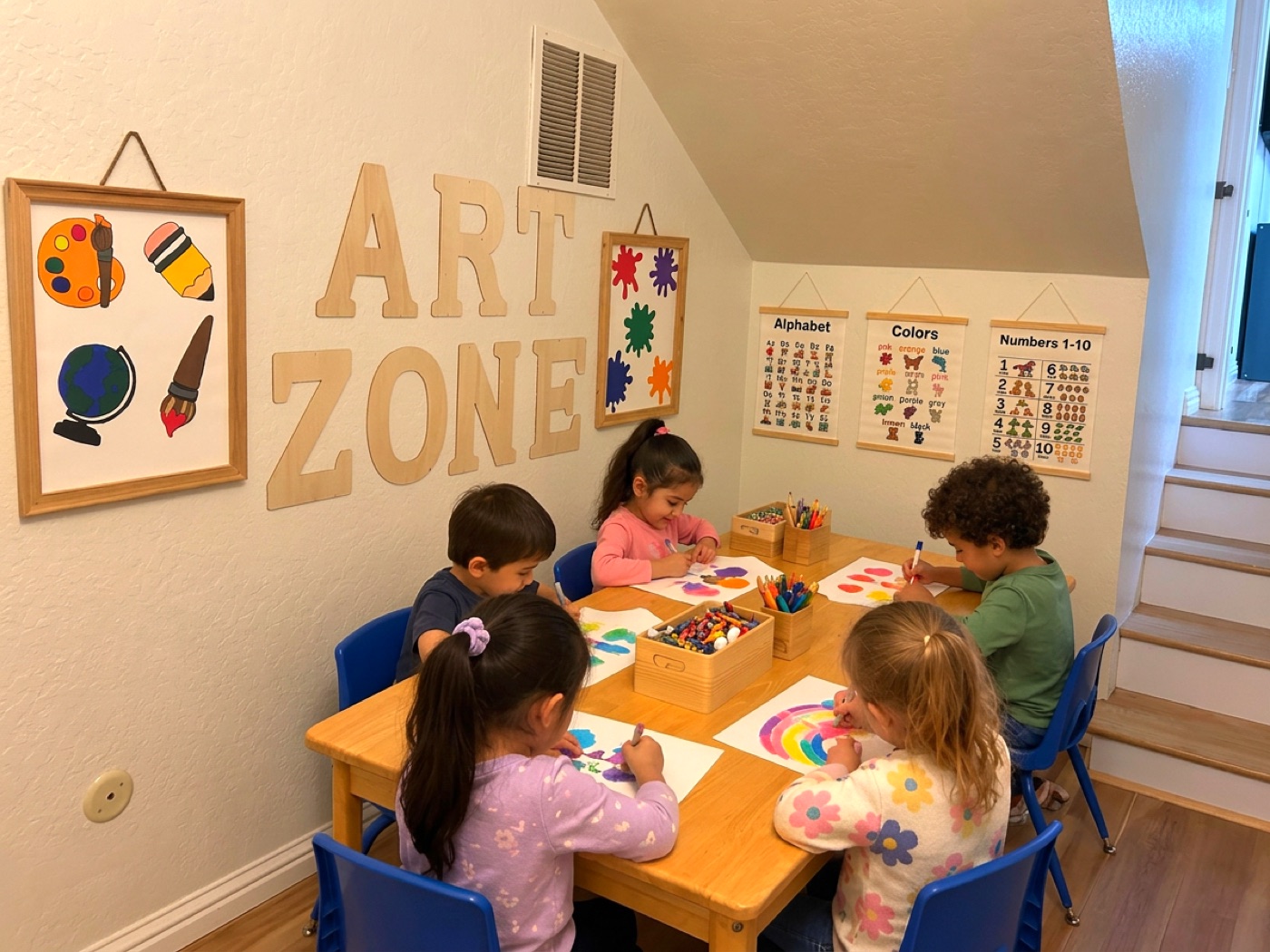 Children drawing together in the art zone