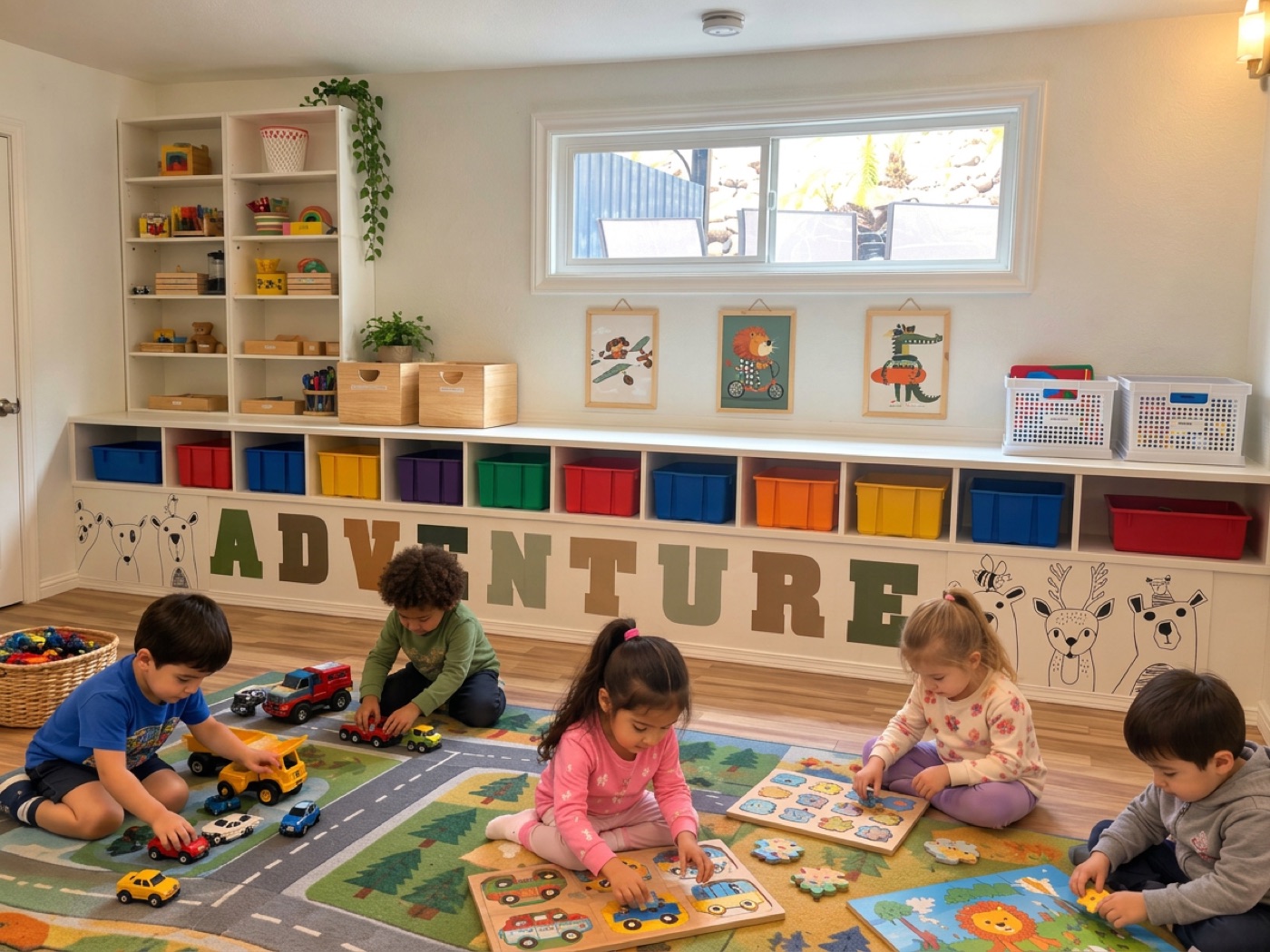 Children playing on a rug in the Adventure playroom