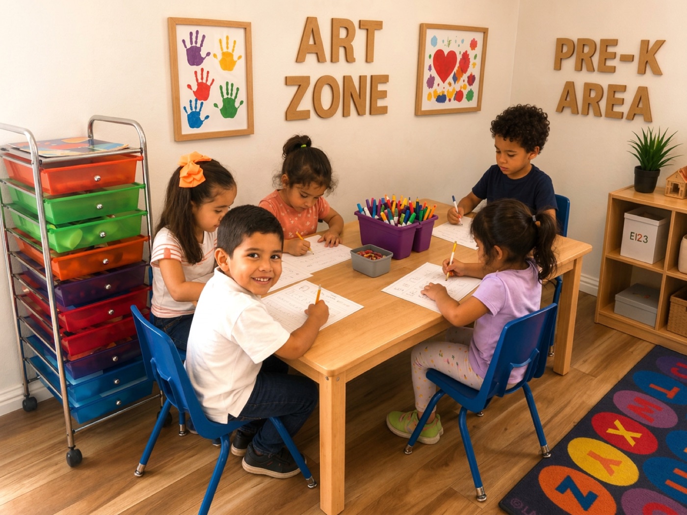 Children working at a table in the pre-K area